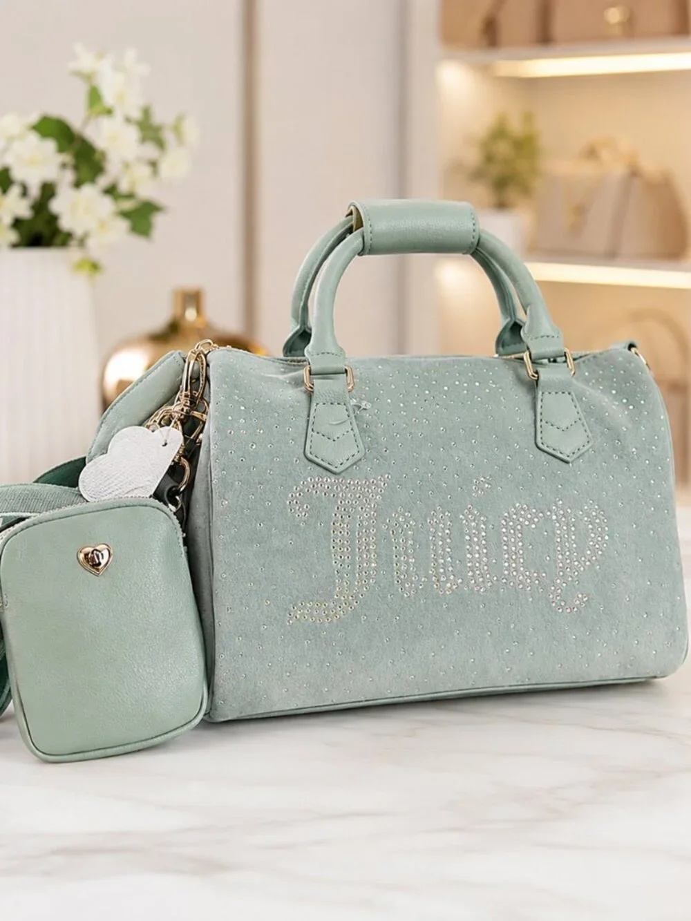 Juicy Couture Let It Shine Cool Blue Rhinestone Satchel Crossbody NWT